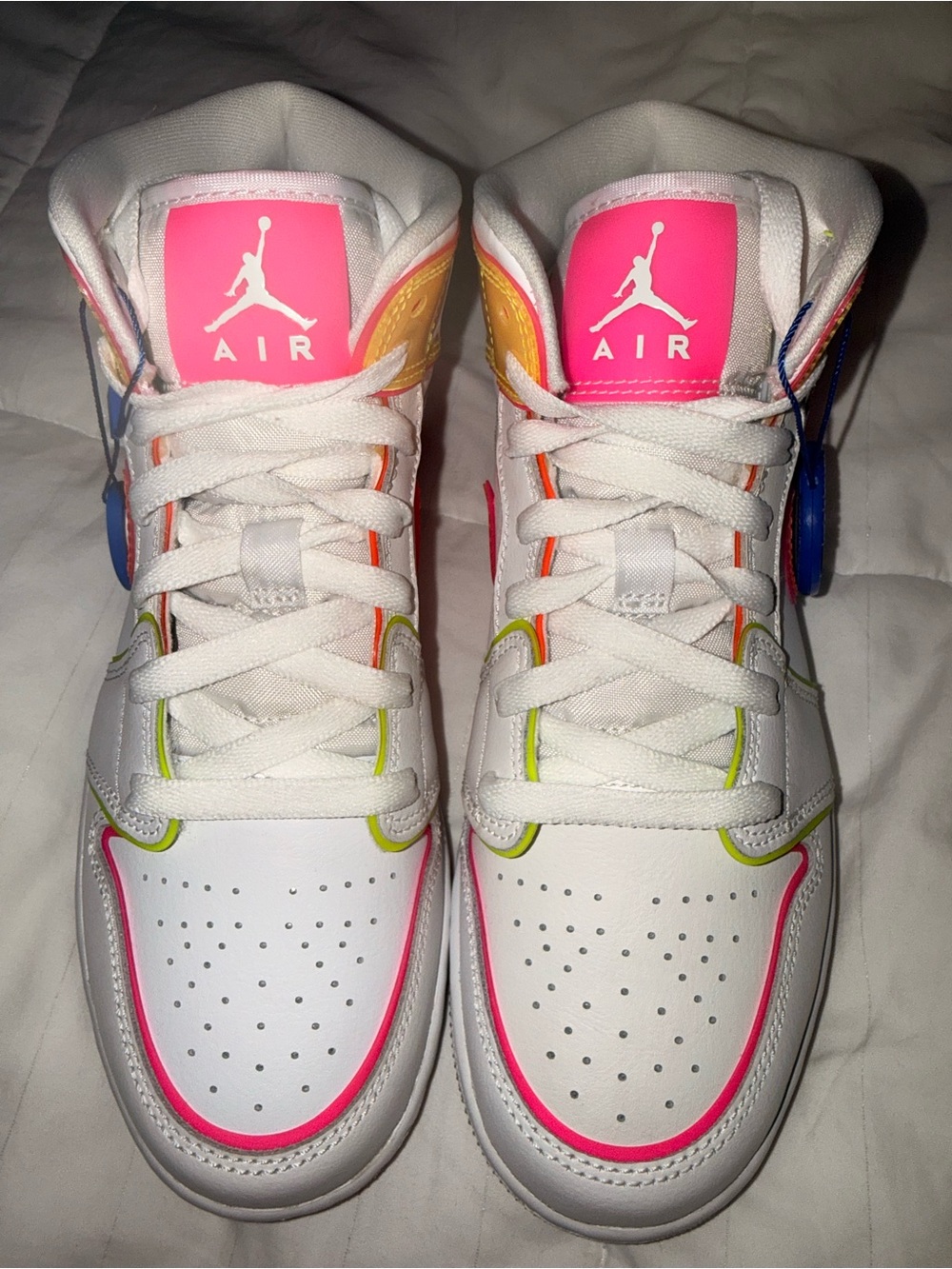 Jordan Kids White High-Top Sneakers with Pink, Yellow & Neon Green Accents